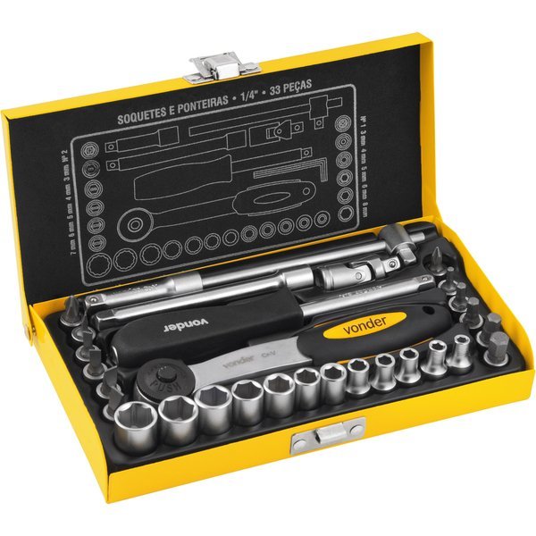 Jogo de soquetes e ponteiras, encaixe de 1/4, com 33 peças, VONDER