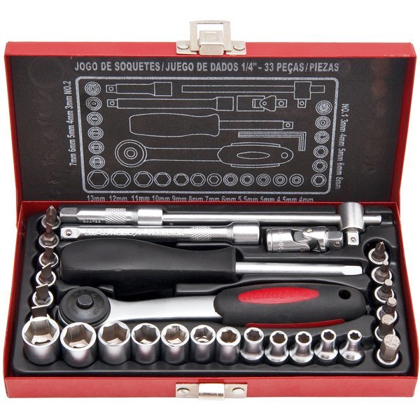Jogo de soquetes sextavados encaixe 1/4, 4 mm a 13 mm, com 33 peças, 200-33, ROBUST